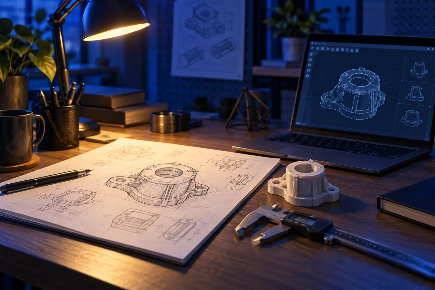 Mühendis masasında çizim, laptop ve 3D baskı prototip